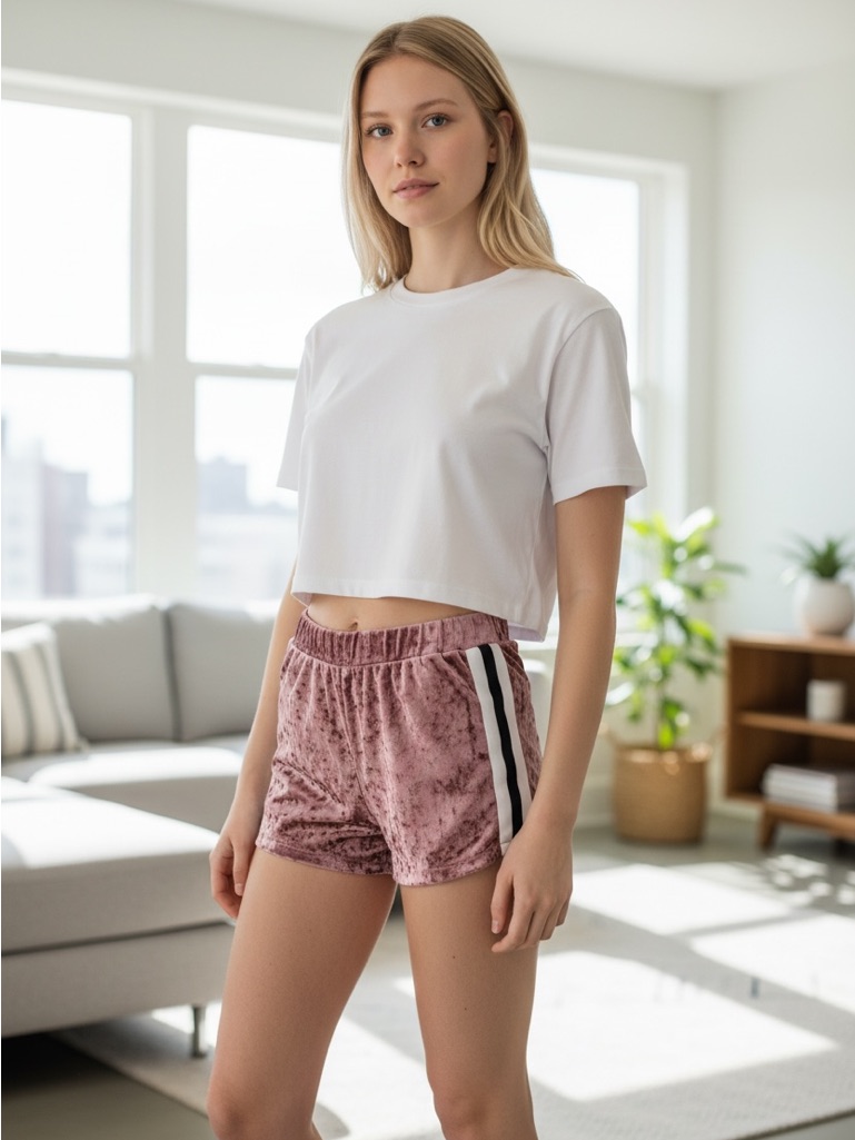 Crushed Velvet Sporty Shorts With Side Stripe - Dusty Rose